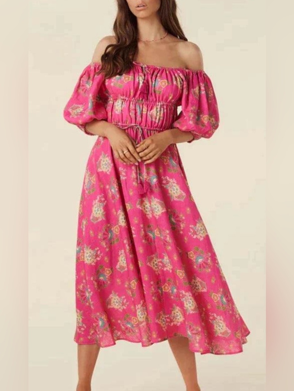 Spell Solstice Linen Soirée Midi Dress Hot Pink XL